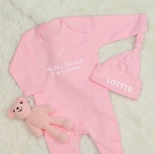 Personalised Hello World Baby Grow Hat Hospital Outfit Sleepsuit Pink Hearts 