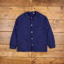 Vintage French Workwear Jacket M Faded Moleskin Blue Button Chore Utility