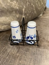 Cath Kidston Delft Blue Floral Salt And Pepper Set With Wire Stand New