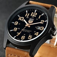 Men’s Leather Date Quartz Analog Army Casual Dress Wrist Watches UK