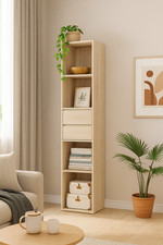 Tall Bookcase Shelving Unit with Drawers Narrow Storage Tower Bookshelf Modern
