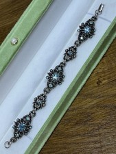 Vintage Jewelcraft Bracelet Blue Rhinestone Pewter tone Floral Ornate 50s Signed