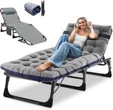 Folding Camping Bed 200KG Capacity Sun Loungers with Cushion and Side Pockets
