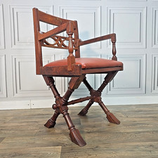 Vintage Campaign Style Wooden X-Frame Armchair – Brass Detail - Desk Chair Seat
