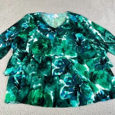 Susan Graver Blouse Womens 3X Green Floral Tiered Ruffle Tiered V Neck Plus Size