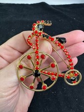 Old Fashioned Bicycle Red & Black Rhinestone Vintage Gold Brooch Pin M-7081*