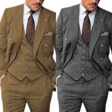 Mens 3Pcs Suits Tweed Wool