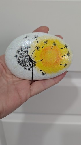 Hand painted pebble dandelion - painted,