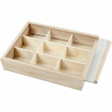 Wooden 9 Section Compartment Box & Sliding Glass Cover Storage Display 17 x 13cm