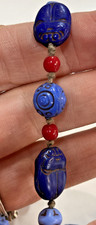 VINTAGE EGYPTIAN REVIVAL CARVED SCARAB NECKLACE BLUE RED BEADS NIGER ART JEWELRY