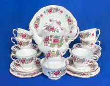Queen Anne tea set for 6, with teapot, Chinese Tree pink peonies pattern, 1960s