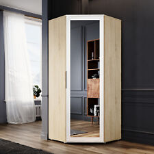 Modern High Gloss Corner Wardrobe Storage Cupboard with Mirror 2 Hanging Rails