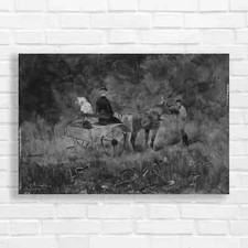 Horse-Drawn Wagon in Forest Landscape Black White Canvas Print Large Picture