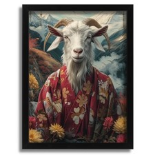 Goat in Kimono Art Print Japanese Wall Decor Oriental Poster Animal Wall Art