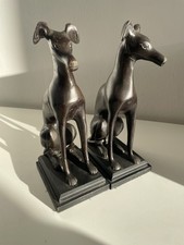 Vtg Greyhound Bookends Bronze Whippet Dog Sculpture Wood Base Hunting Heavy