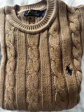 Ralph Lauren Khaki Cable Knit Polo Jumper Crew Neck Sweater Size M