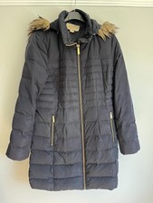 Michael Kors Navy Mid-Length Padded Coat With Fur On Hood Size M
