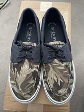Sperry Halyard 2-Eye Mens Khaki Green & Black Leaf Design Boat Shoes RRP £75 UK9