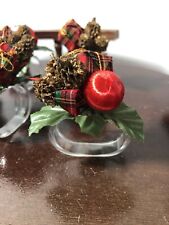 7 Christmas Napkin Rings with faux floral arrangement ribbon and mini pine cones