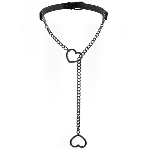 Black faux leather heart chain - leather,