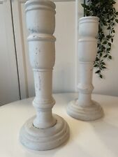 2 Grey Shabby Chic Candle Holders Distressed Wooden Cottage Farmhouse Pair