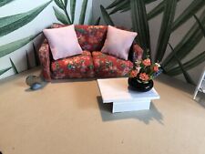DOLLS HOUSE 1:12 RED FLORAL 2 SEATER SOFA WITH 2 CUSHIONS