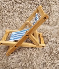 dolls house furniture 1/12, Old Fashioned Style Wooden,  Blue + White Deck Chair