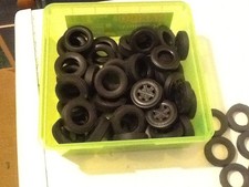 L@@K  PLASTIC TUB ,JOB LOT OF RUBBER TYRES  VARIOUS SIZE AND SCALE AMT ITALERI