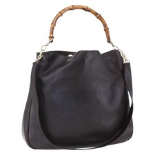 GUCCI Bamboo Shoulder Bag Leather 2way Black Gold 001 0166 1577 Auth hk3173