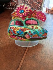 Completed Diamond Art  Beetle VW Car Bright Colours On Stand Flowers 