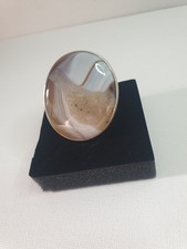 Botswana Large Oval Natural Agate Dress Ring On Brushed Goldtone Band Size P