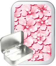 Pink Floral Flower Silver Hinged Tobacco Tin, Sewing Tin, Gift Tin, 1oz & 2oz 