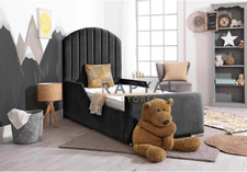 CHILDRENS IVY PANEL PLUSH VELVET UPHOLSTERED BED FRAME - EX SHOWROOM