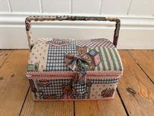 Vintage Tapestry Patchwork Teddy Bear Handle Sewing Box Decorative Storage