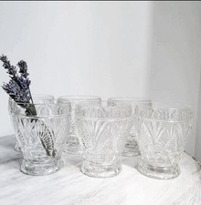 Art Deco Tumbler Set 6 Vintage Crystal-Cut Pressed Glass Drinking Brocante