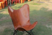 Vintage New Handcrafted Folding Butterfly Leather Chair With Stand For Realaxing