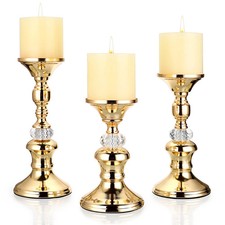 Elegant Gold Metal Pillar Candlestick Crystal Candle Stand Holder Home Decor UK