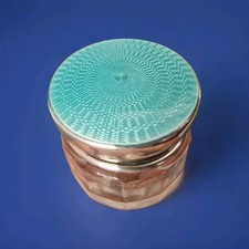 Scarce Cut Crystal Vanity Jar/Pot with Sterling Silver & Guilloche Enamel Top