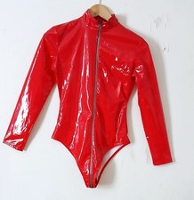 Red Shiny Se.xy Body Open Zip Gusset Size Small Glossy  Sleeved Erot.ic Leotard