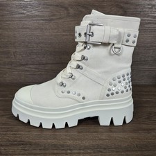 Ash Martin Biker Boots Size UK 8  Studded Canvas Beige Cream Side Zip Chunky 