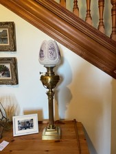 Magnificent antique brass oil lamp converted to electric c/w beautiful shade