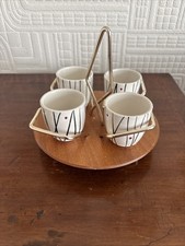 Vintage Mid Century Wyncraft teak stand & 4 Kirkhams ceramic egg cups wood metal