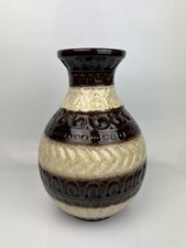 Glazed West German Bay Keramik Pottery Vase 12” Tall - Brown & White