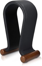 Navaris Omega Headphone Stand - Synthetic Leather Headset Hanger with Wooden Bas