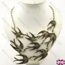 FLOCK FLYING SWALLOWS big LARGE NECKLACE vintage brass birds SWALLOW BIRD bib