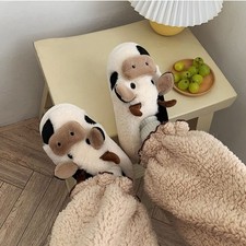 Womens Fuzzy Cow Slippers Cute