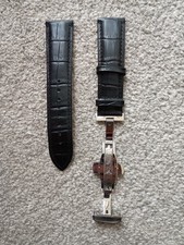 22mm Black Leather Watch Strap With Stainless Steel Deployant Clasp