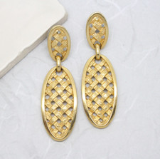 Vintage Signed SPHINX Bamboo Basketweave Gold Drop Stud EARRINGS Jewellery