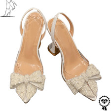 Heel White Women Pearl Bow Heels Women Pumps Pointed Toe Wedding Prom PVC Shoes