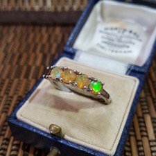 925 Sterling Silver Ring, Genuine Opals Ring, Size Q US 8, Multicolour